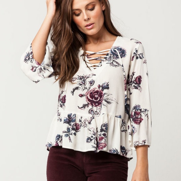 Ivy + Main Tops - IVY + MAIN Floral Lace Up Womens Top